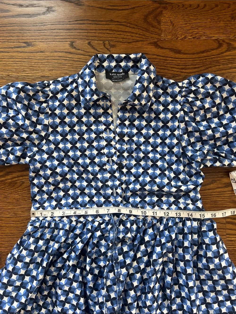 kate spade - patio tile shirtdress mini dress waist cinch puff sleeve size xxs